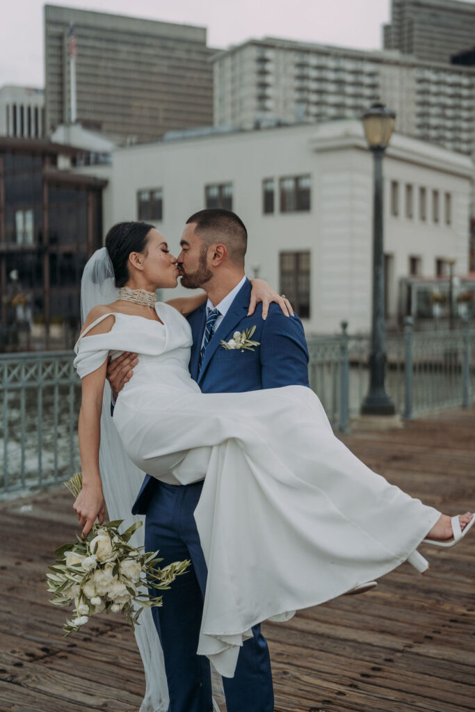 bride and groom on the pier in san francisco 