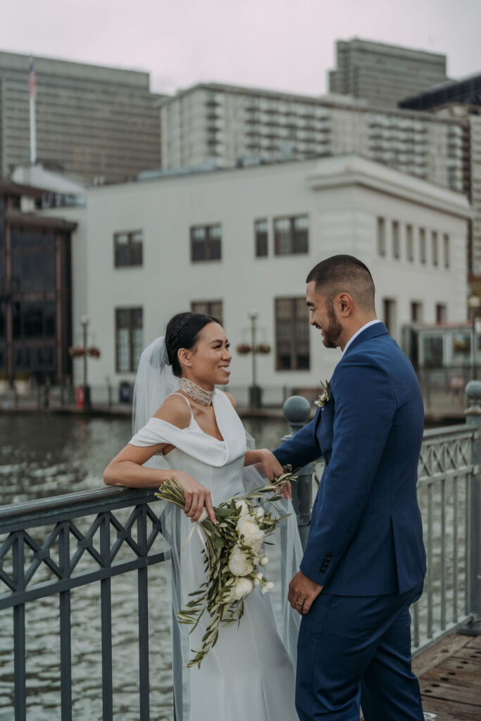 bride and groom on the pier in san francisco 